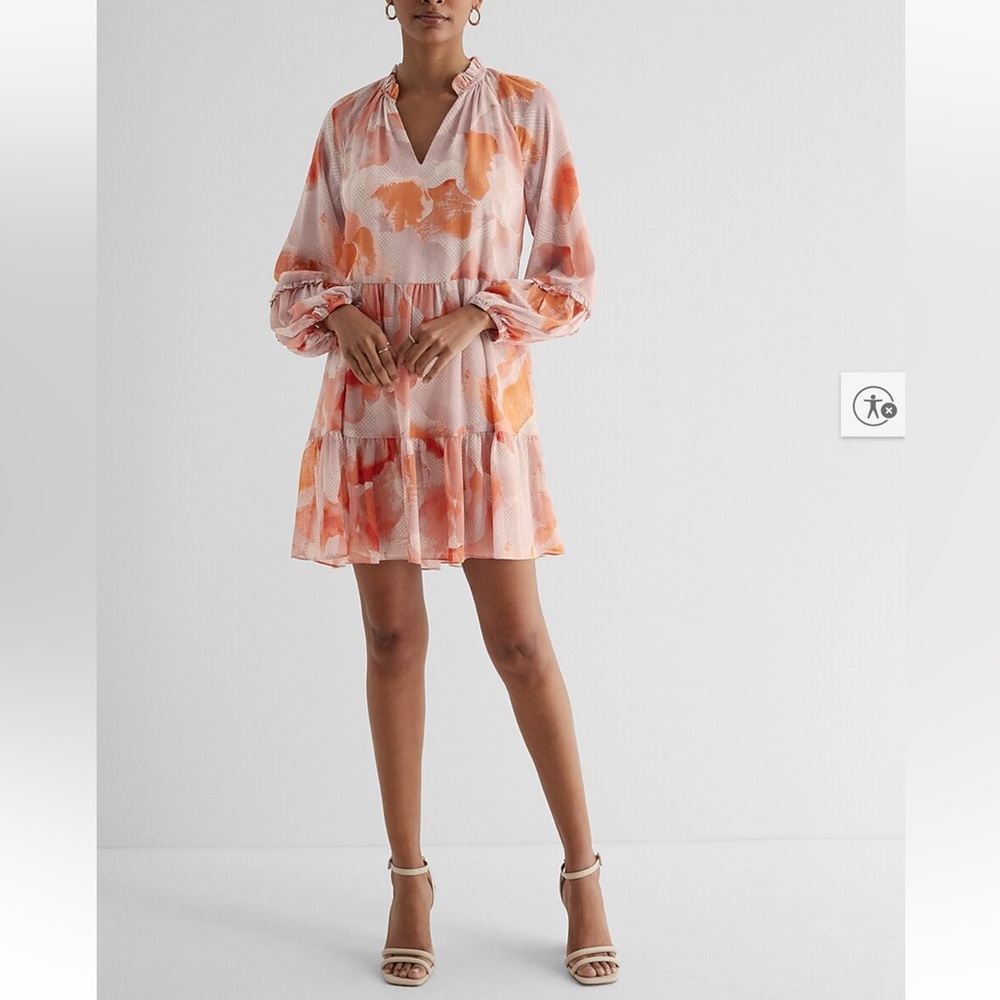 Express Floral Ruffle Neck Tiered Mini Shift Dress